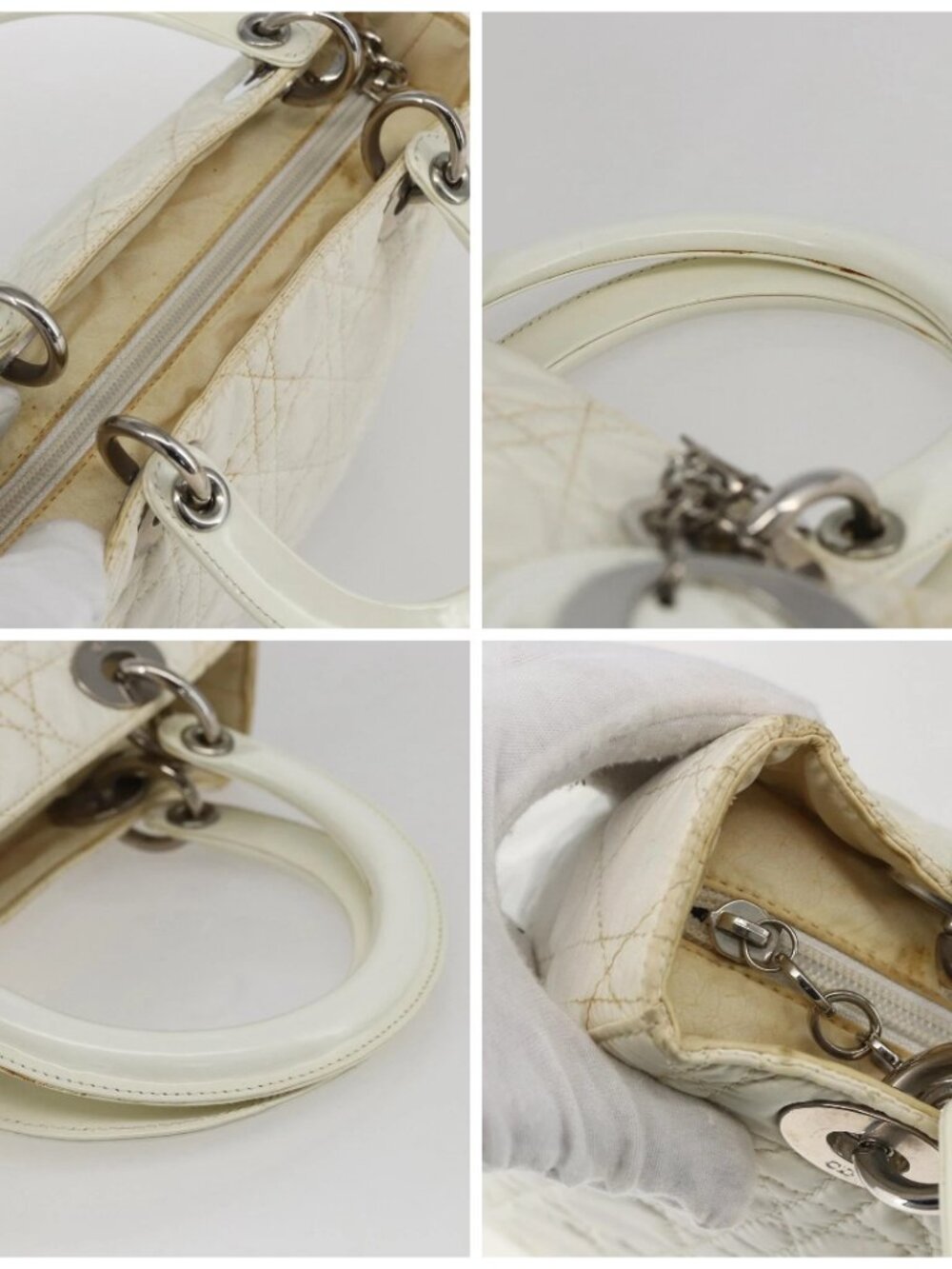 Christian Dior Lady Dior Canage Hand Bag Nylon White Silver Auth 158966 - Picture 16 of 16